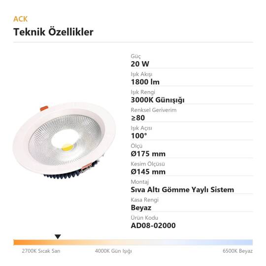 ACK 20W 3000K Günışığı 1800lm COB Led Downlight Sıva Altı Spot (Ø175 mm Beyaz Kasa) AD08-02000 - 4