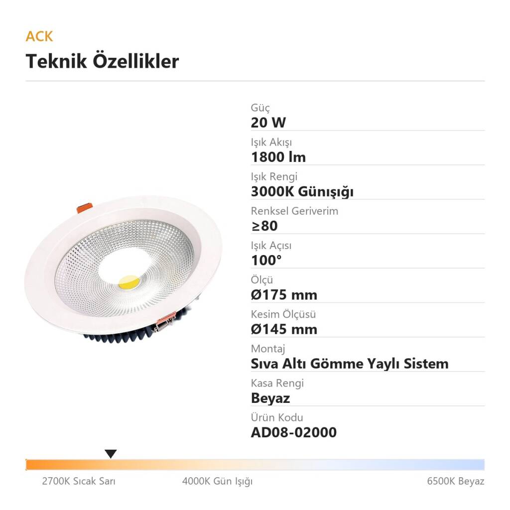 ACK 20W 3000K Günışığı 1800lm COB Led Downlight Sıva Altı Spot (Ø175 mm Beyaz Kasa) AD08-02000 - 4
