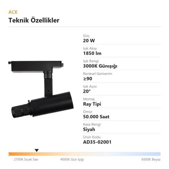 ACK 20W 3000K Günışığı Teleskobik Ayarlanabilir Müze ve Sergi Ray Armatürü (Siyah Kasa) AD35-02001 - 4