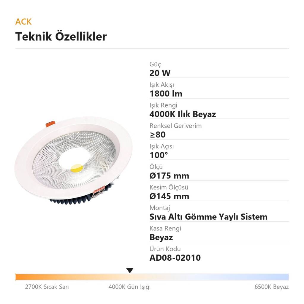 ACK 20W 4000K Ilık Beyaz 1800lm COB Led Downlight Sıva Altı Spot (Ø175 mm Beyaz Kasa) AD08-02010 - 4