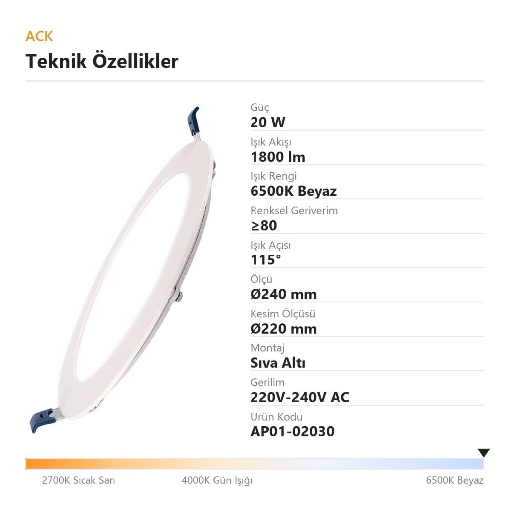 ACK 20W 6500K Beyaz 1800lm Sıva Altı Yuvarlak Led Panel (Ø240 mm Beyaz Kasa) AP01-02030 - 4