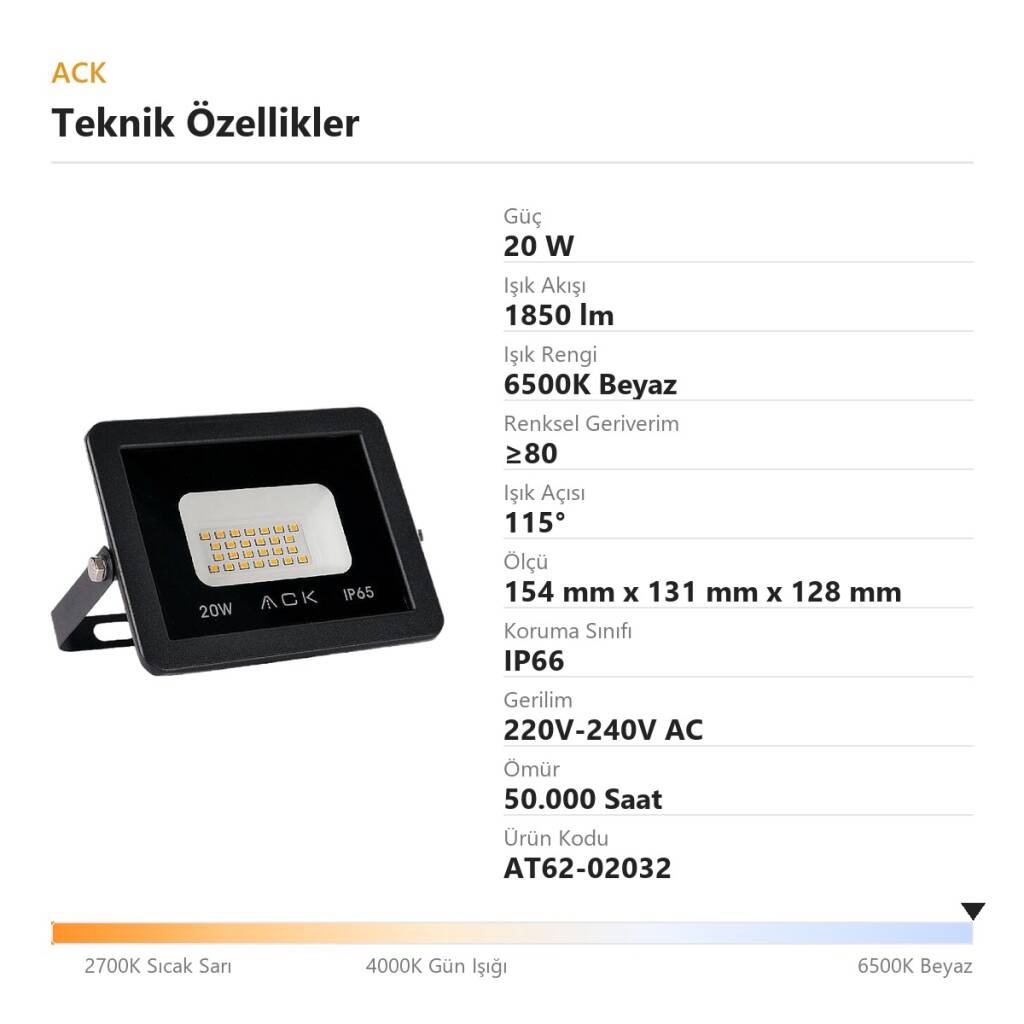 ACK 20W 6500K Beyaz LED Projektör AT62-02032 - 4