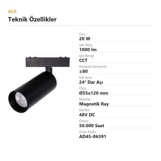 ACK 20W CCT (3 Renk) 48V Magnetik Ray Armatürü Yönlendirilebilir Silindir Spot Siyah Kasa AD45-06391 - 4