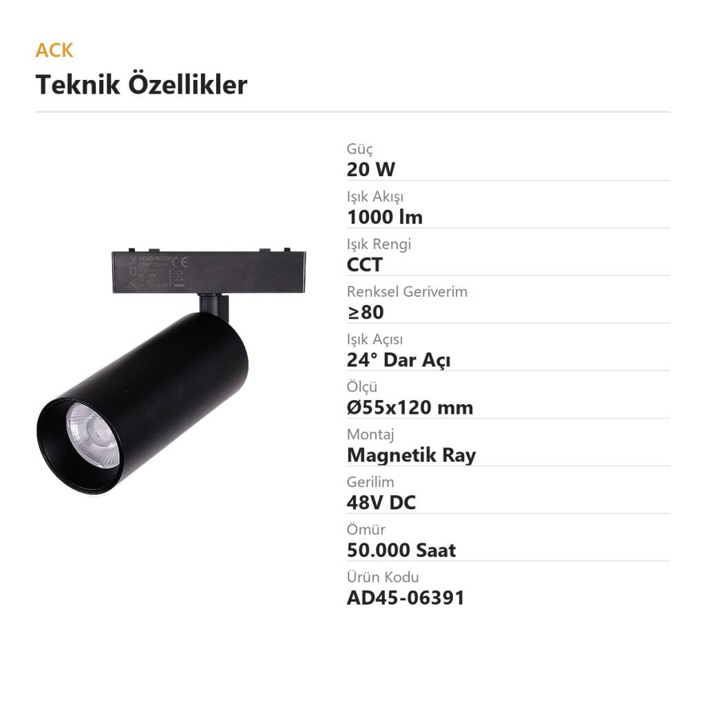 ACK 20W CCT (3 Renk) 48V Magnetik Ray Armatürü Yönlendirilebilir Silindir Spot Siyah Kasa AD45-06391 - 4