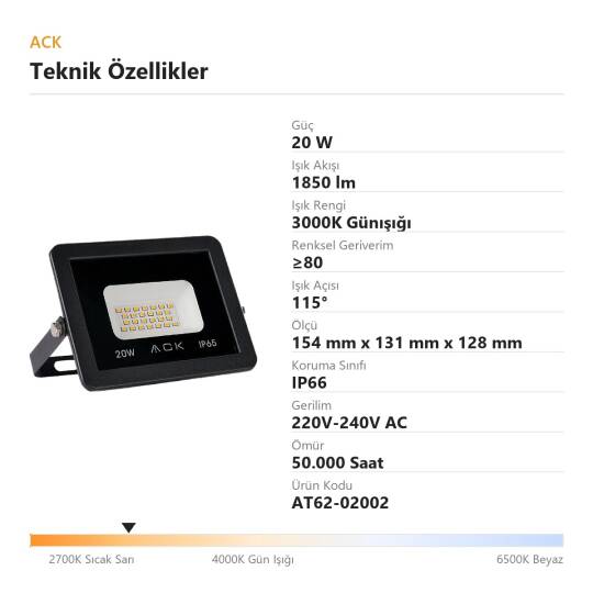 ACK 20W 3000K Günışığı LED Projektör AT62-02002 - 4