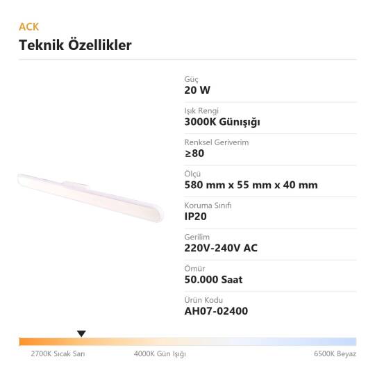 ACK 20W 3000K Günışığı Silikon Difüzörlü LED Armatür (Beyaz) AH07-02400 - 4