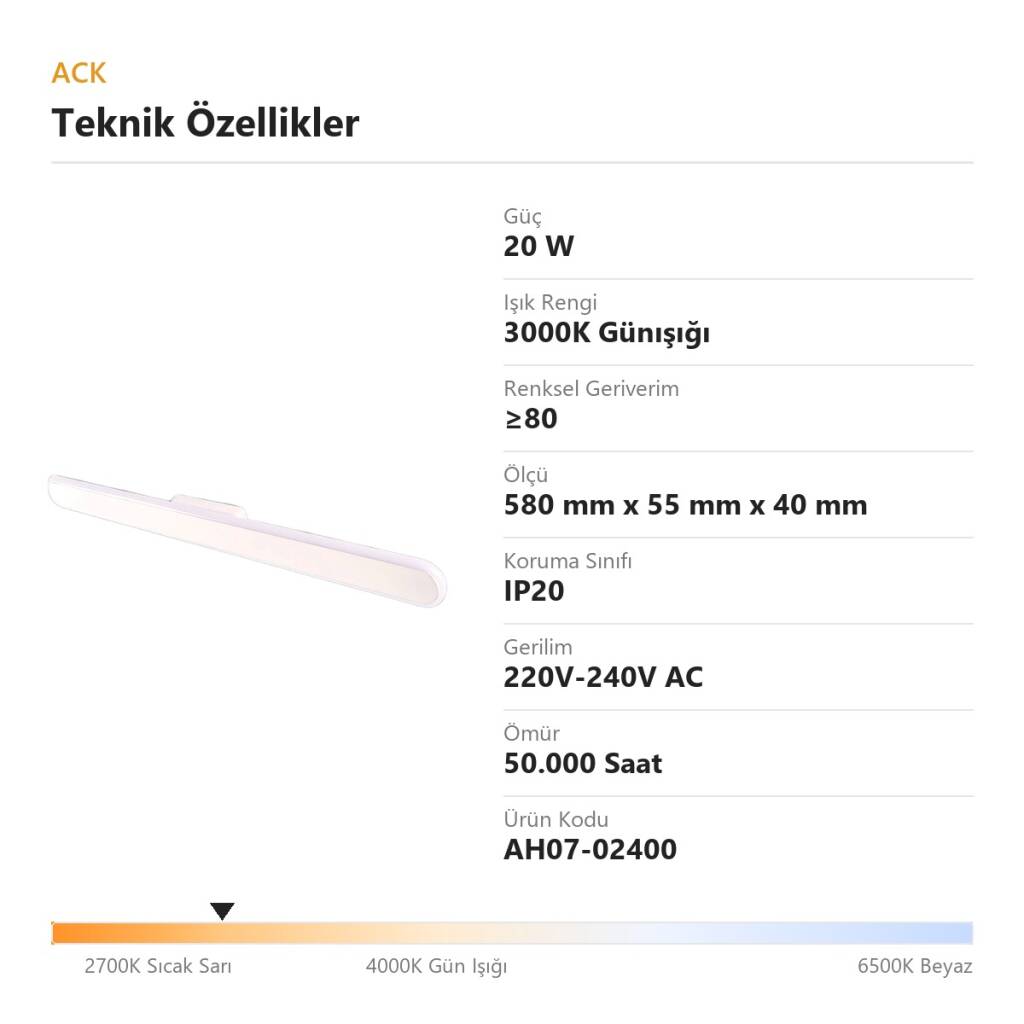 ACK 20W 3000K Günışığı Silikon Difüzörlü LED Armatür (Beyaz) AH07-02400 - 4