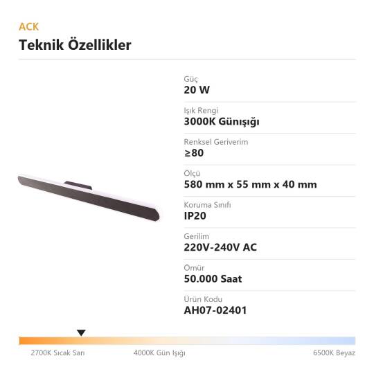 ACK 20W 3000K Günışığı Silikon Difüzörlü LED Armatür (Siyah) AH07-02401 - 4