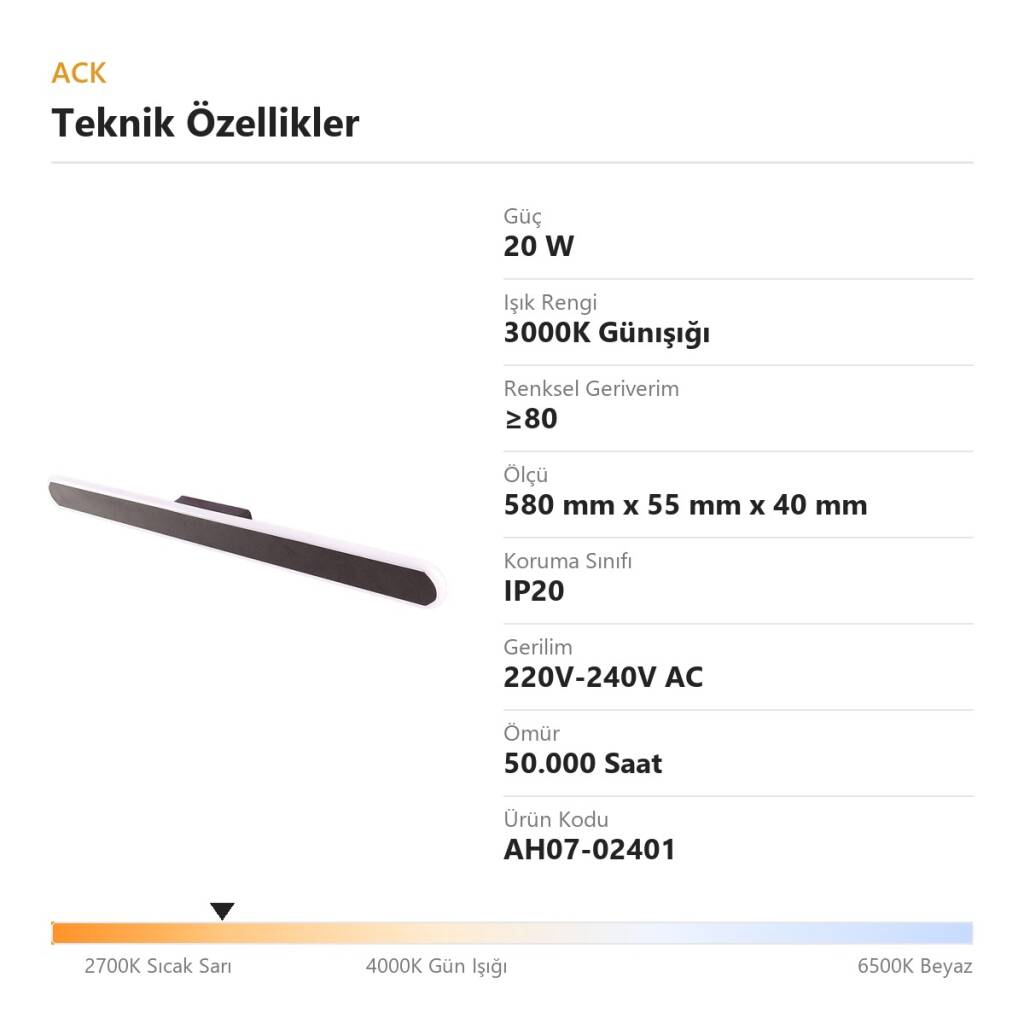 ACK 20W 3000K Günışığı Silikon Difüzörlü LED Armatür (Siyah) AH07-02401 - 4