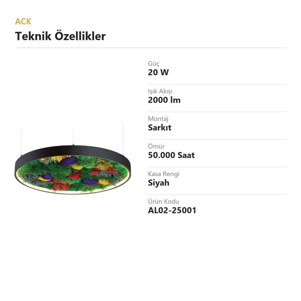 ACK 20W Yapay Yosunlu Biyofilik Dekoratif Linear Sarkıt Ø40 cm Yuvarlak Yosunlu Tavan Siyah Kasa AL02-25001 - 4