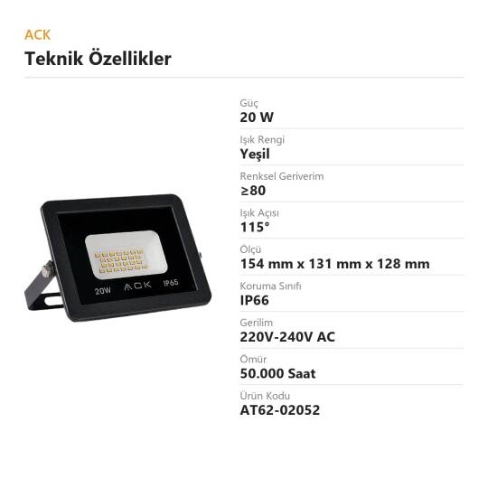 ACK 20W Yeşil LED Projektör AT62-02052 - 4