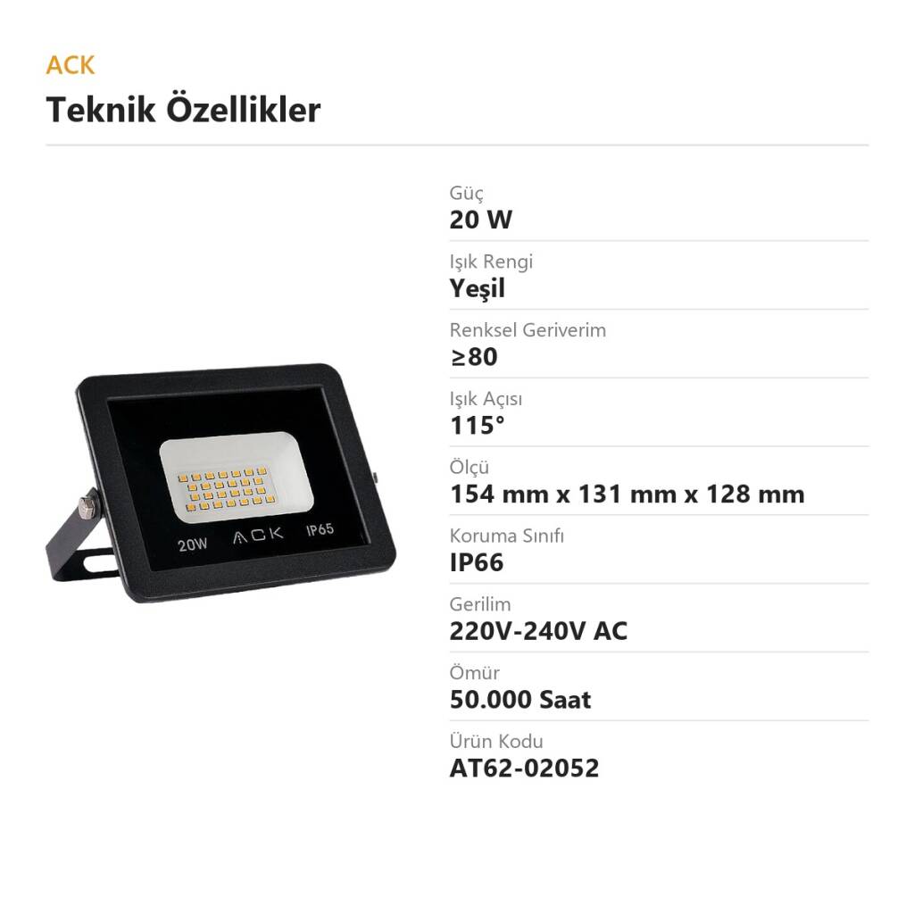 ACK 20W Yeşil LED Projektör AT62-02052 - 4