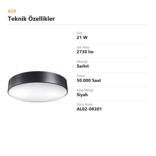ACK 21W Geniş Çaplı Dekoratif Linear Sarkıt Armatür Ø30 cm Yuvarlak Dolu (Davul) Siyah Kasa AL02-08301 - 4