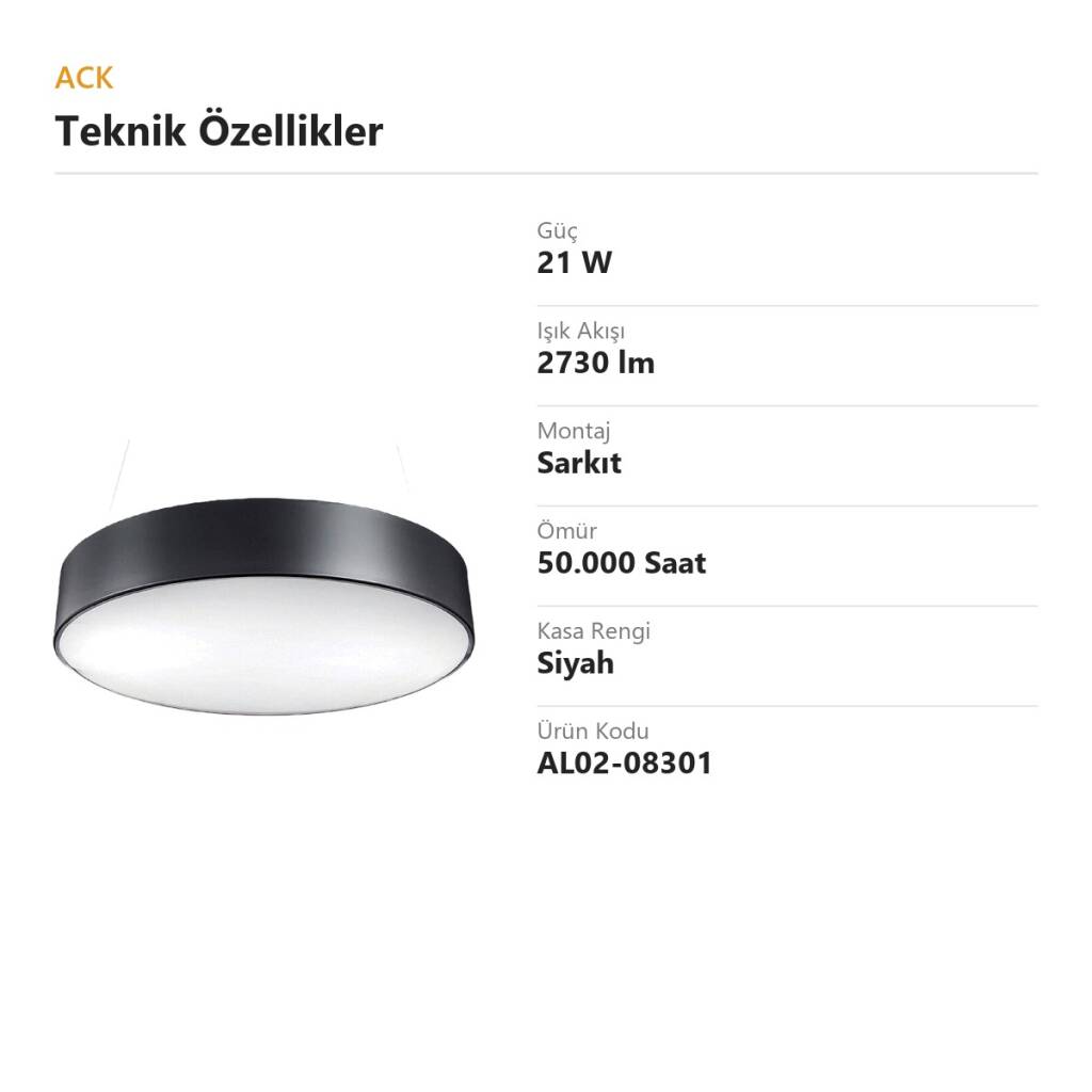 ACK 21W Geniş Çaplı Dekoratif Linear Sarkıt Armatür Ø30 cm Yuvarlak Dolu (Davul) Siyah Kasa AL02-08301 - 4