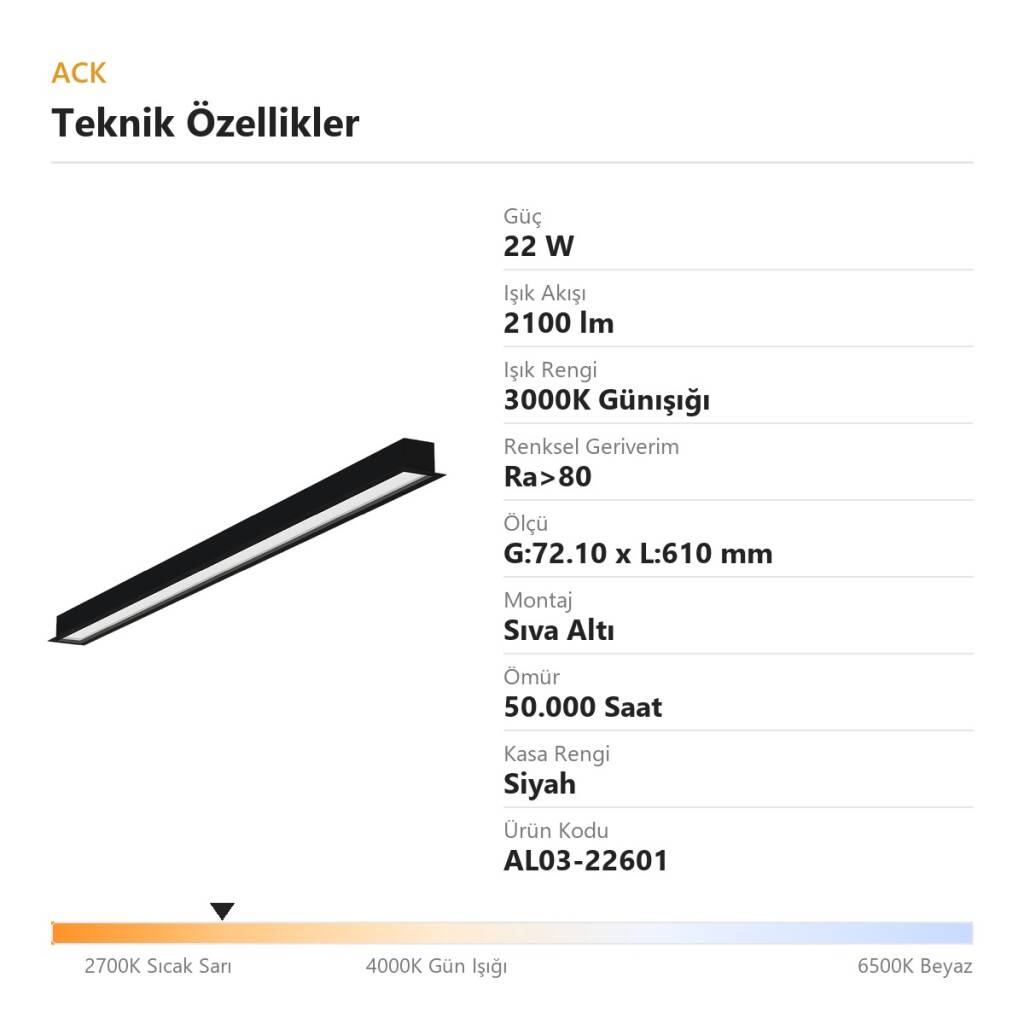 ACK 22W 3000K Günışığı G:72.10 x L:610 mm Sıva Altı (Gömme) Linear (Lineer) Armatür Siyah Kasa AL03-22601 - 4