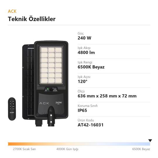 ACK 240W 6500K Beyaz Solar LED Sokak Armatürü (Siyah) AT42-16031 - 4