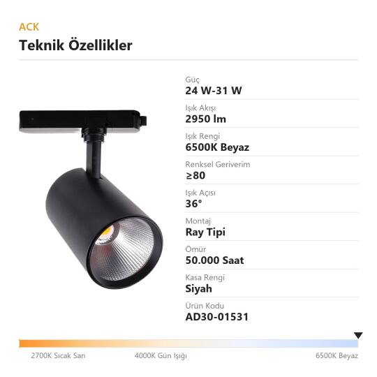 ACK 24W-31W (Ayarlanabilir) 6500K Beyaz LED Ray Armatürü Spot Lamba (Siyah Kasa) AD30-01531 - 4