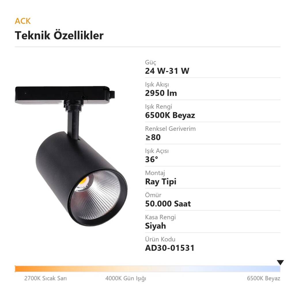 ACK 24W-31W (Ayarlanabilir) 6500K Beyaz LED Ray Armatürü Spot Lamba (Siyah Kasa) AD30-01531 - 4