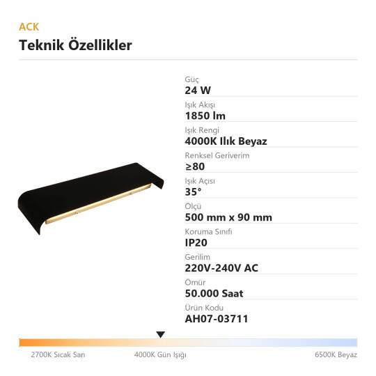 ACK 24W 4000K Ilık Beyaz 1850 lm LED Duvar/Tavan Apliği (Siyah) AH07-03711 - 4