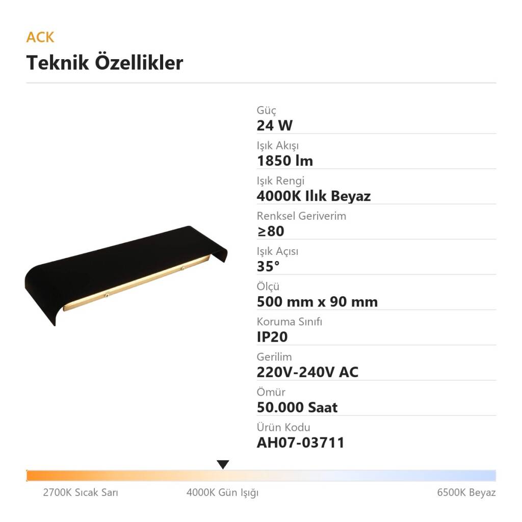 ACK 24W 4000K Ilık Beyaz 1850 lm LED Duvar/Tavan Apliği (Siyah) AH07-03711 - 4