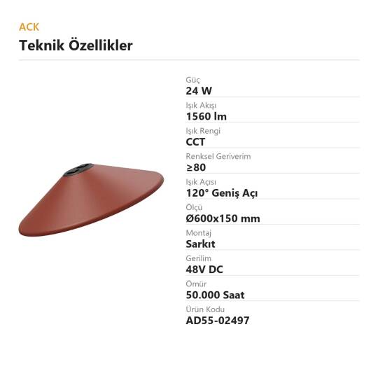 ACK 24W CCT (3 Renk) 48V Loomis Kemerli Sistem Armatürü Şapka (Avize) Tipi Sarkıt (Koyu Kırmızı (Dark Red)) AD55-02497 - 4