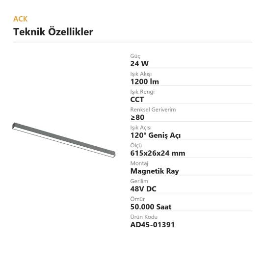 ACK 24W CCT (3 Renk) 48V Magnetik Ray Armatürü Düz (Lineer) Siyah Kasa AD45-01391 - 4