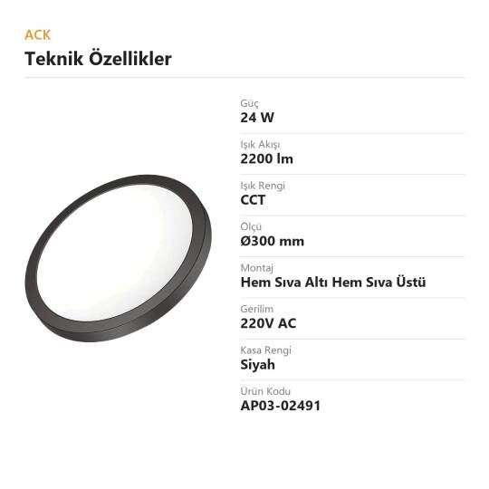 ACK 24W CCT Renk Ayarlı Yuvarlak Led Panel (Ø300 mm Siyah Kasa) AP03-02491 - 4