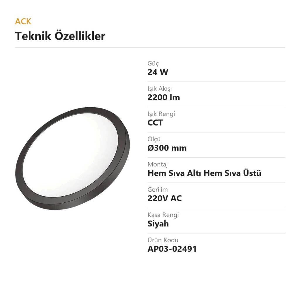 ACK 24W CCT Renk Ayarlı Yuvarlak Led Panel (Ø300 mm Siyah Kasa) AP03-02491 - 4