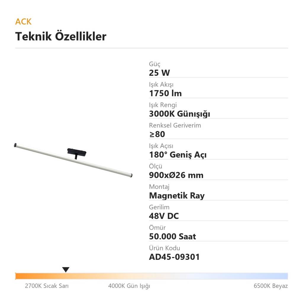 ACK 25W 3000K Günışığı 48V Magnetik Ray Armatürü Düz Silindir Boru Spot AD45-09301 - 4
