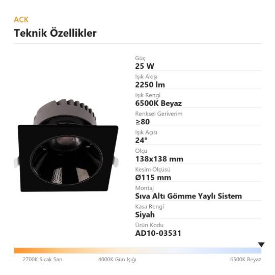 ACK 25W 6500K Beyaz 2250lm Kamaşma Önleyici (Dark Light) Sıva Altı Kare Spot (138x138 mm Siyah Kasa) AD10-03531 - 4