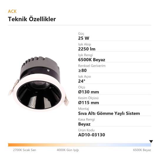 ACK 25W 6500K Beyaz 2250lm Kamaşma Önleyici (Dark Light) Sıva Altı Spot (Ø130 mm Beyaz Kasa) AD10-03130 - 4