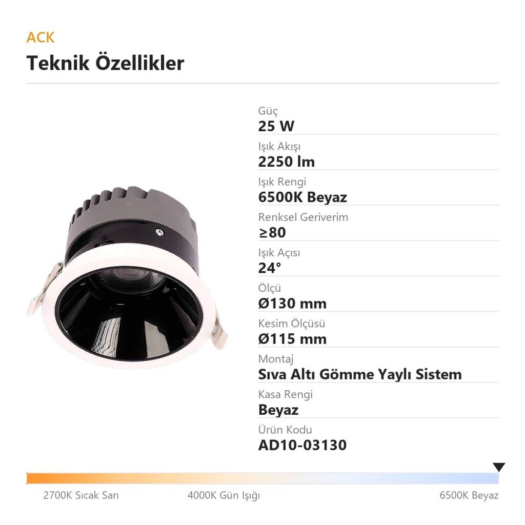 ACK 25W 6500K Beyaz 2250lm Kamaşma Önleyici (Dark Light) Sıva Altı Spot (Ø130 mm Beyaz Kasa) AD10-03130 - 4