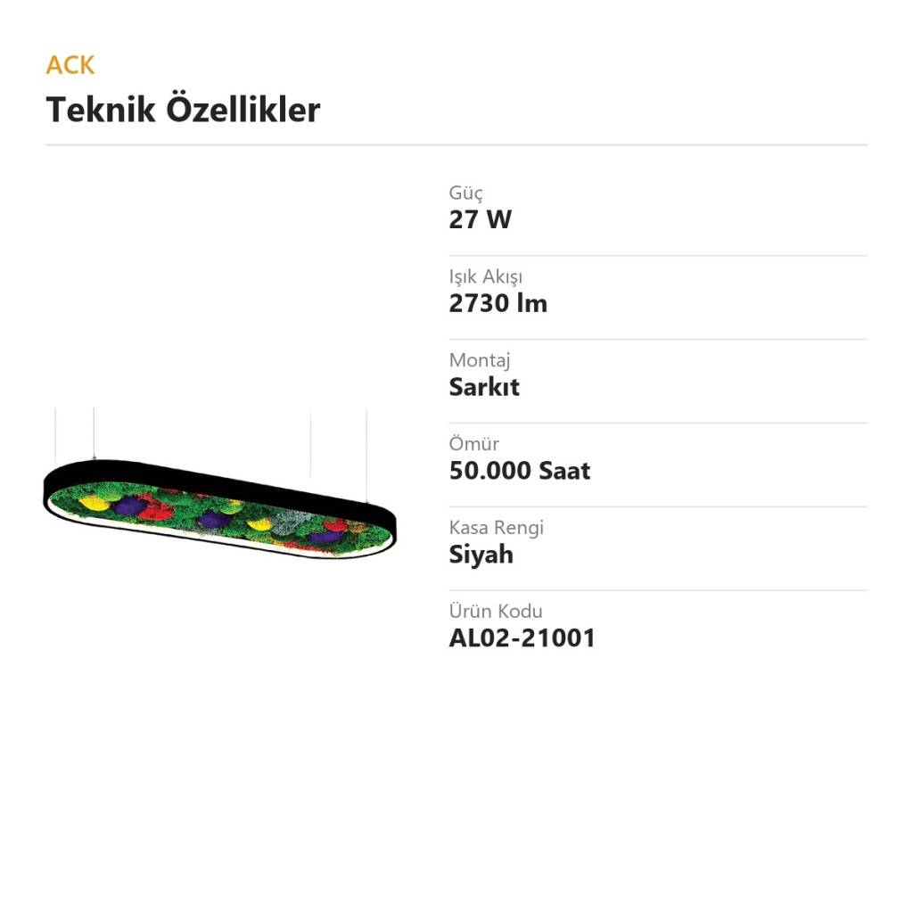 ACK 27W Yapay Yosunlu Biyofilik Dekoratif Linear Sarkıt 30x60 cm Oval Yosunlu Tavan Siyah Kasa AL02-21001 - 4