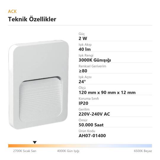 ACK 2W 3000K Günışığı 40lm Mini LED Gösterge Armatürü (Beyaz) AH07-01400 - 4