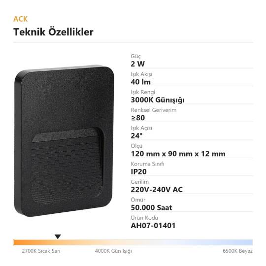 ACK 2W 3000K Günışığı 40lm Mini LED Gösterge Armatürü (Siyah) AH07-01401 - 4