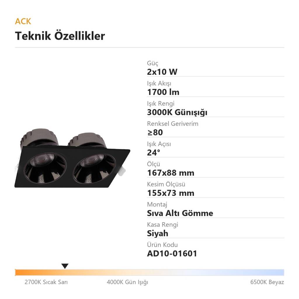 ACK 2x10W 3000K Günışığı 1700lm Kamaşma Önleyici İkili Sıva Altı Spot (167x88 mm Siyah Kasa) AD10-01601 - 4