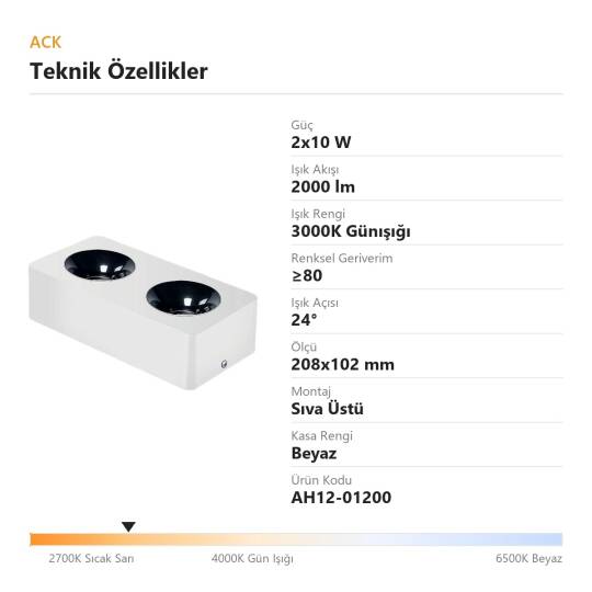 ACK 2x10W 3000K Günışığı 2000lm Kamaşma Önleyici İkili Sıva Üstü Spot (208x102 mm Beyaz Kasa) AH12-01200 - 4