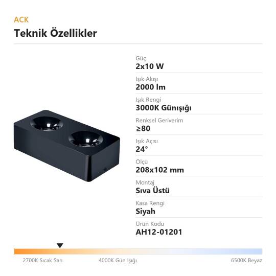 ACK 2x10W 3000K Günışığı 2000lm Kamaşma Önleyici İkili Sıva Üstü Spot (208x102 mm Siyah Kasa) AH12-01201 - 4