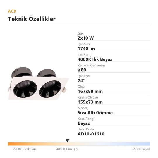 ACK 2x10W 4000K Ilık Beyaz 1740lm Kamaşma Önleyici İkili Sıva Altı Spot (167x88 mm Beyaz Kasa) AD10-01610 - 4