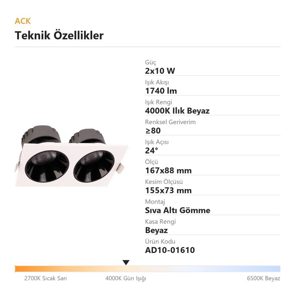 ACK 2x10W 4000K Ilık Beyaz 1740lm Kamaşma Önleyici İkili Sıva Altı Spot (167x88 mm Beyaz Kasa) AD10-01610 - 4