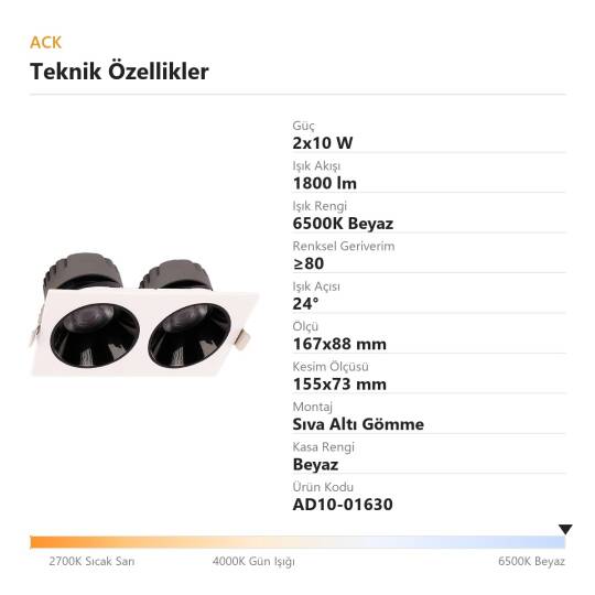 ACK 2x10W 6500K Beyaz 1800lm Kamaşma Önleyici İkili Sıva Altı Spot (167x88 mm Beyaz Kasa) AD10-01630 - 4