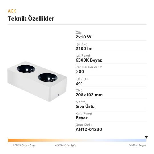 ACK 2x10W 6500K Beyaz 2100lm Kamaşma Önleyici İkili Sıva Üstü Spot (208x102 mm Beyaz Kasa) AH12-01230 - 4