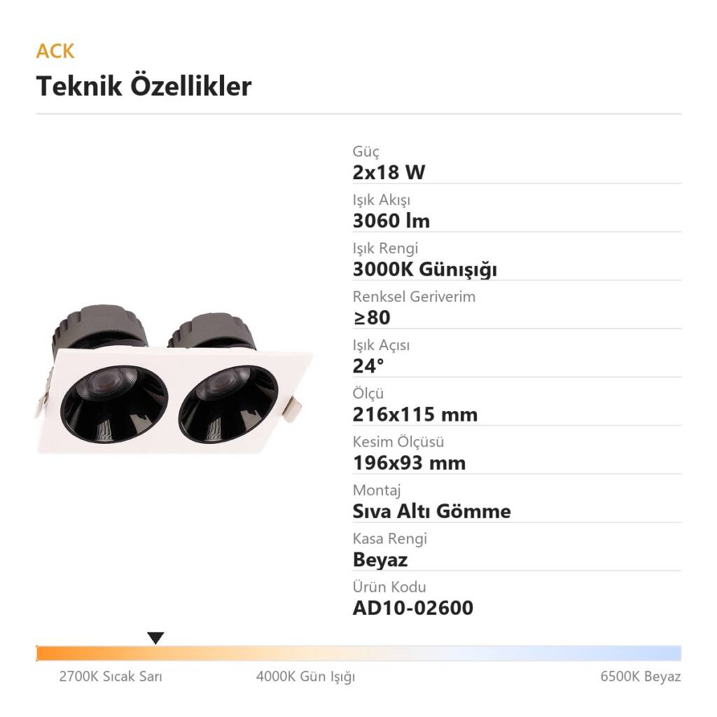 ACK 2x18W 3000K Günışığı 3060lm Kamaşma Önleyici İkili Sıva Altı Spot (216x115 mm Beyaz Kasa) AD10-02600 - 4
