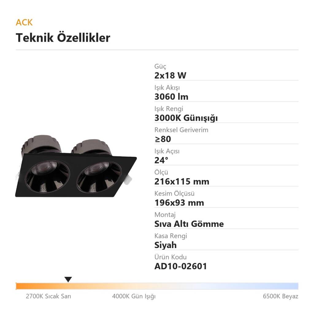 ACK 2x18W 3000K Günışığı 3060lm Kamaşma Önleyici İkili Sıva Altı Spot (216x115 mm Siyah Kasa) AD10-02601 - 4