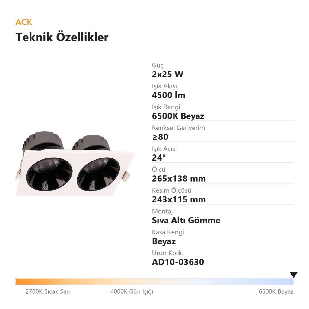 ACK 2x25W 6500K Beyaz 4500lm Kamaşma Önleyici İkili Sıva Altı Spot (265x138 mm Beyaz Kasa) AD10-03630 - 4