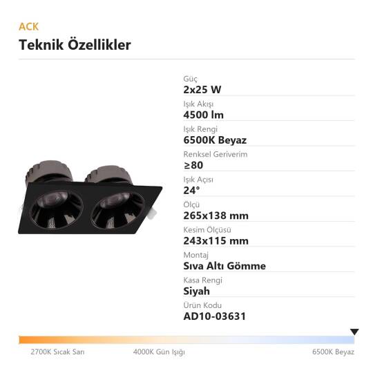 ACK 2x25W 6500K Beyaz 4500lm Kamaşma Önleyici İkili Sıva Altı Spot (265x138 mm Siyah Kasa) AD10-03631 - 4