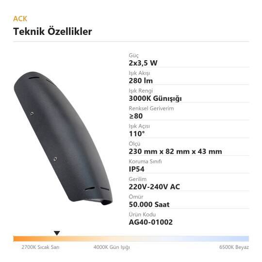 ACK 2x3,5W 3000K Günışığı 280 lm Sirius Alüminyum Duvar Apliği (Sirius 2B) AG40-01002 - 4