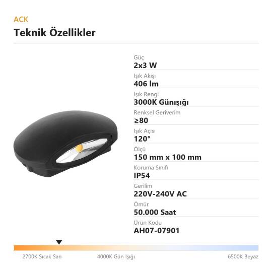 ACK 2x3W 3000K Günışığı 406 lm Alüminyum Dekoratif Duvar Apliği AH07-07901 - 4