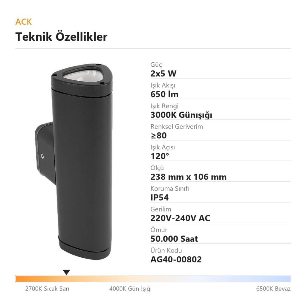 ACK 2x5W 3000K Günışığı 650 lm Sirius Alüminyum Duvar Apliği (Sirius 2A) AG40-00802 - 4
