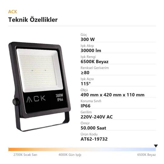 ACK 300W 6500K Beyaz LED Projektör AT62-19732 - 4